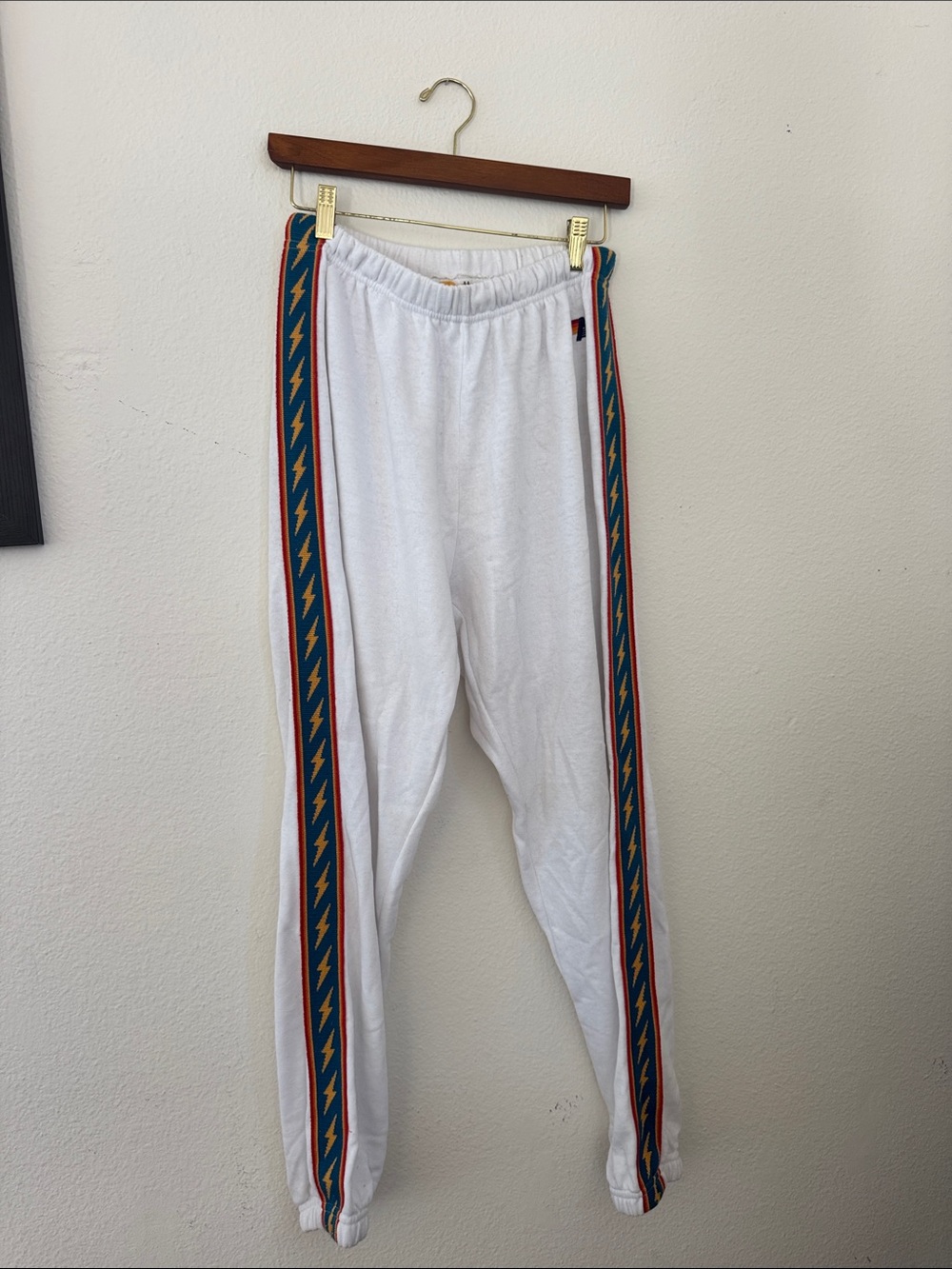 Aviator Nation White Sweatpants with Blue & Yellow Side Stripe